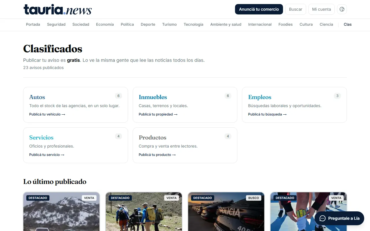 La portada de clasificados, con los rubros y lo último publicado.