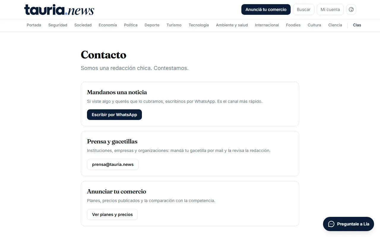 La página de Contacto, con el canal que corresponde a cada tema.