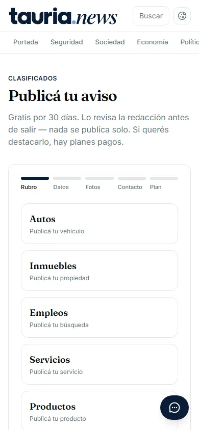 El primer paso. Elegís el rubro y el formulario se arma según lo que elegiste.